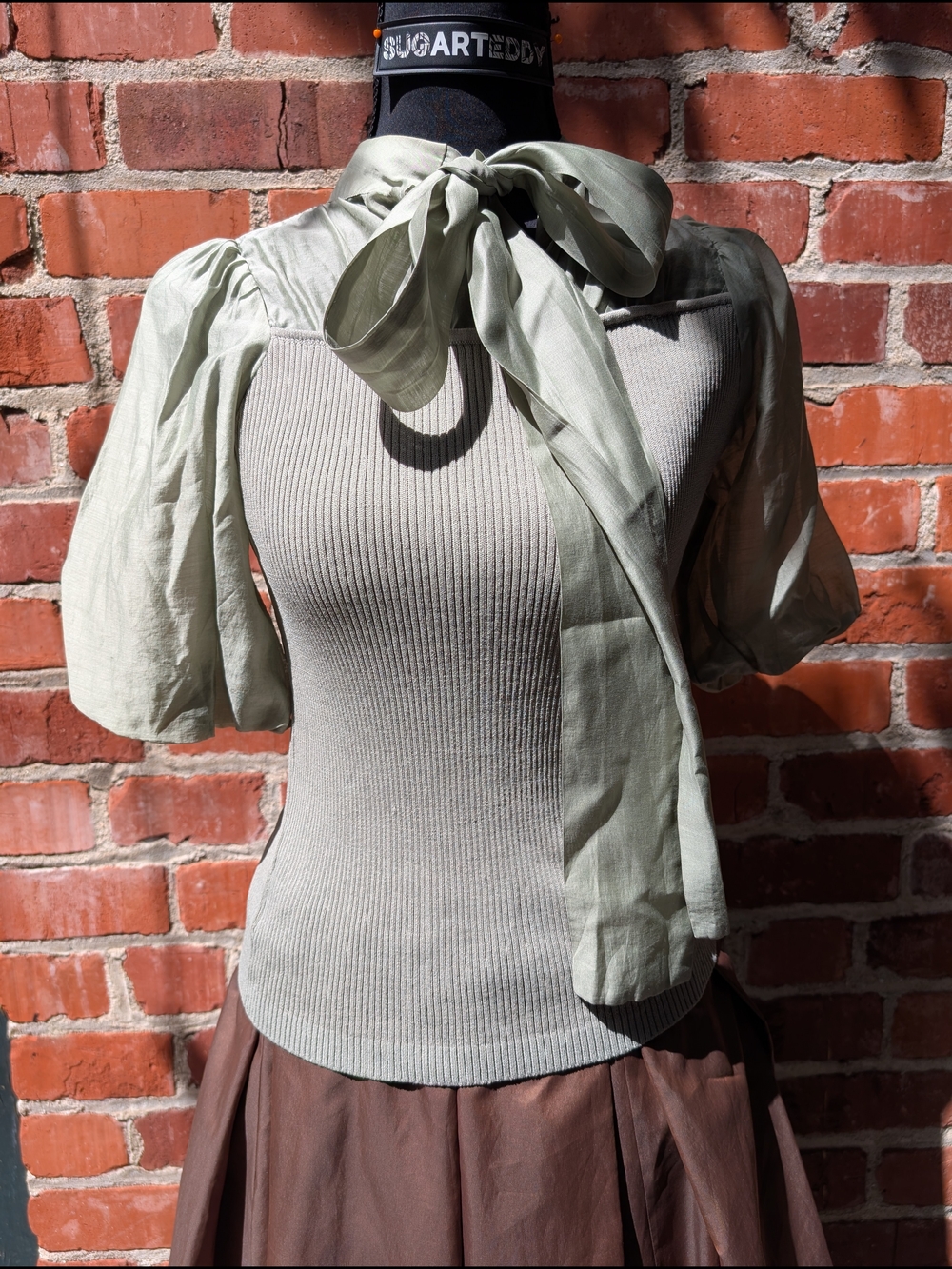 Sage Green Tie-Neck Puff Sleeve Knit Top